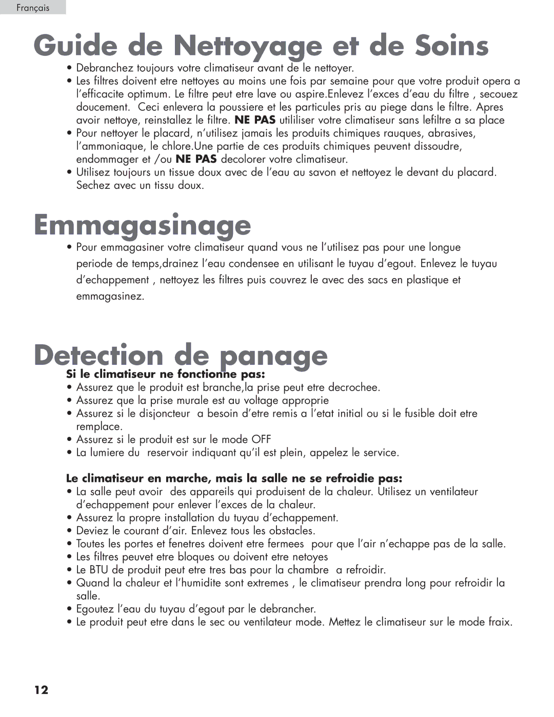 Haier HPRD12XH7 Guide de Nettoyage et de Soins , Emmagasinage , Detection de panage, Si le climatiseur ne fonctionne pas 